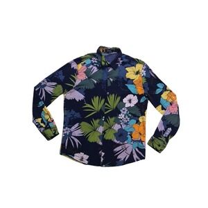JOGAL Mens XL Tropical Floral Button Down Shirt Navy Blue Long Sleeve A327